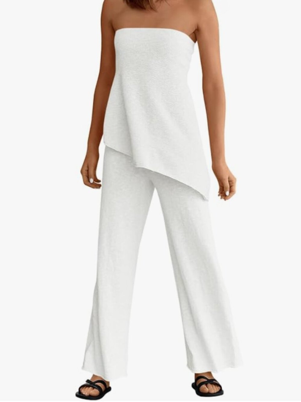 Amazon Tankaneo Womens 2 Piece Outfits Asymmetrical Tube Top Wide Leg Pants Knit